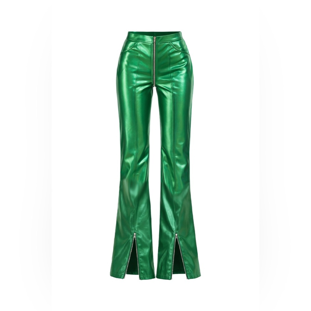 High-Waist Metallic Green Flare Pants with Front Hem Zippers